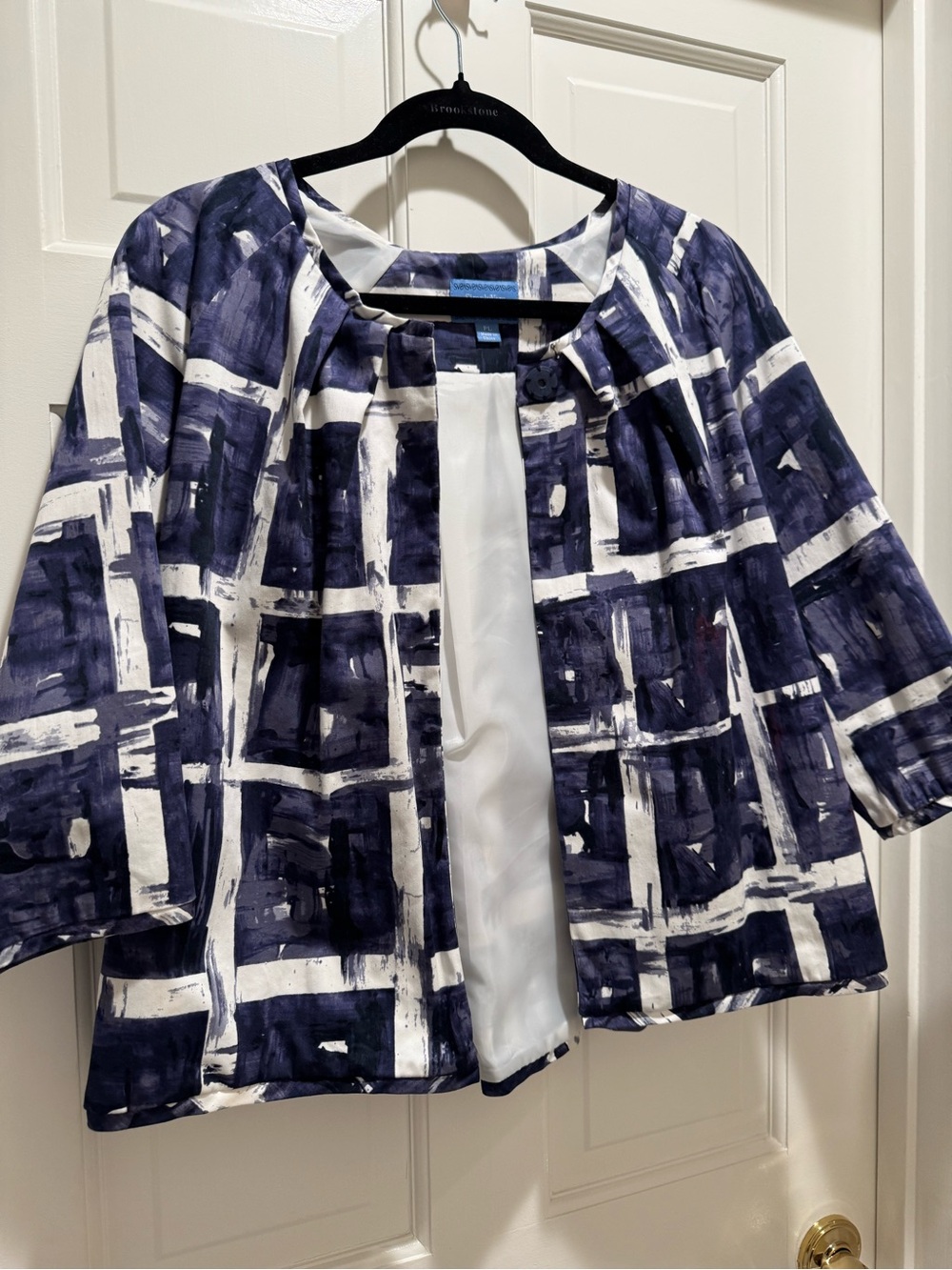 Vera Wang Navy & White Brushstroke Open-Front Jacket